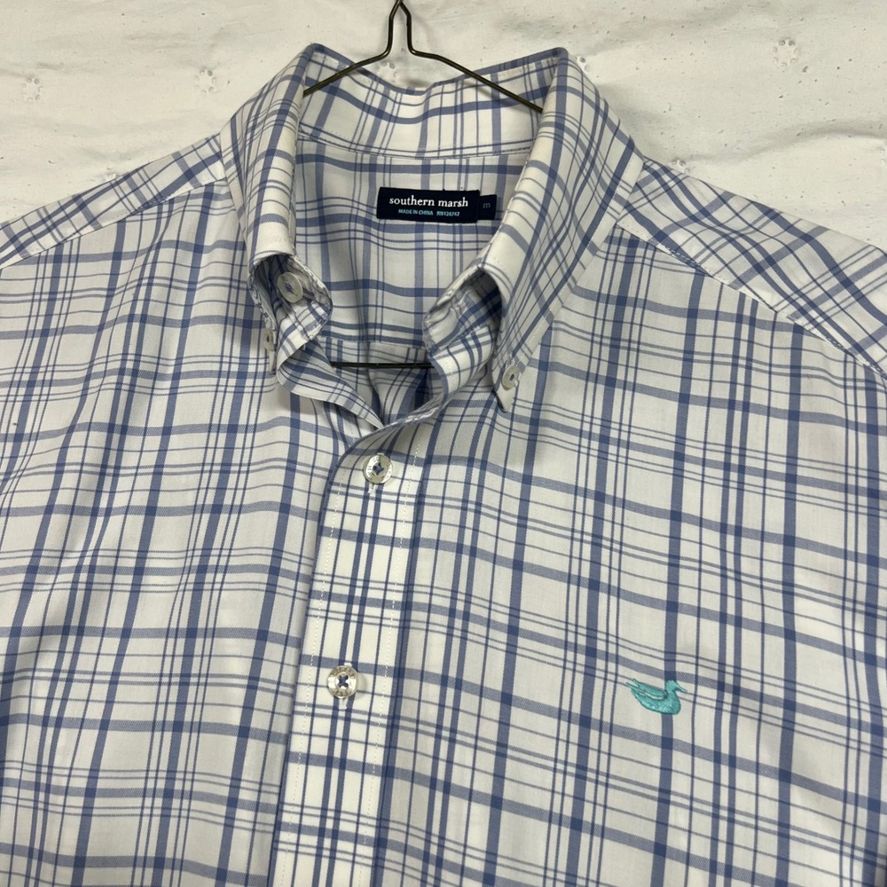 Southern Marsh Mens Blue White Plaid Cotton Button Down Shirt M Logo Long Sleeve